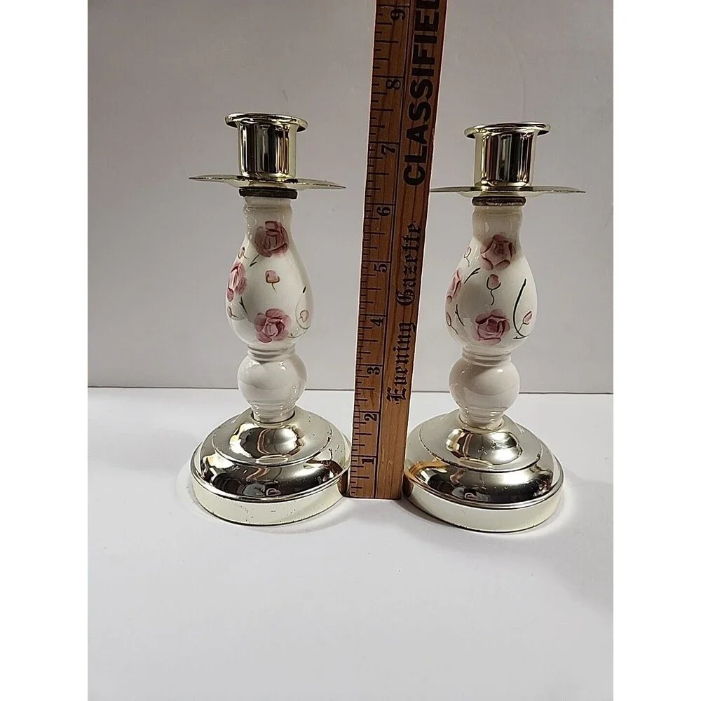 (2) Home Interiors Candle Holders Shabby Chic Pink Floral Gold Taper 7.5
